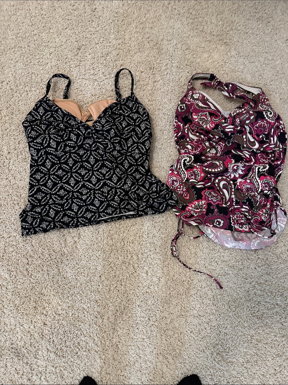 2 Lands' End Bathing Suit Tops- Black & Paisley Printed Tankini Tops w/ lining